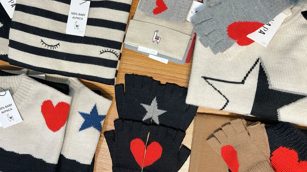 Baby alpaca sweaters, gloves, and accessories by Yapa, handcrafted in Bolivia and designed in New York