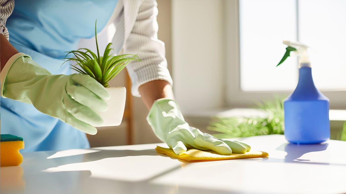 Gloved cleaner wiping a bright studio-style countertop with a microfiber cloth to reduce dust and protect prints, photos, and delicate surfaces.